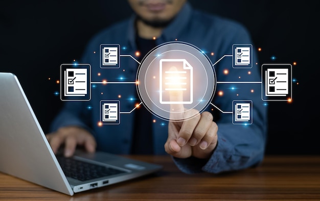 documents management information system concept businessman using visual screen internet for documents management information system and erp program data directory in company erp document management
