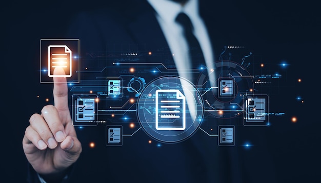 documents management information system concept businessman using visual screen internet for documents management information system and erp program data directory in company erp document management