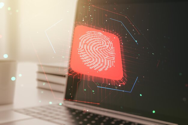 Double exposure of abstract creative fingerprint hologram on laptop background research and development concept