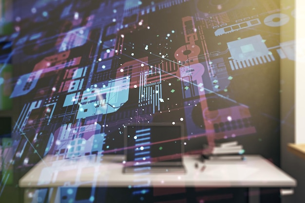 Double exposure of abstract creative programming illustration and modern desk with computer on background big data and blockchain concept