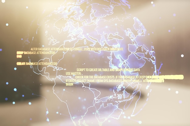 Double exposure of abstract creative programming illustration and world map on empty room interior background big data and blockchain concept