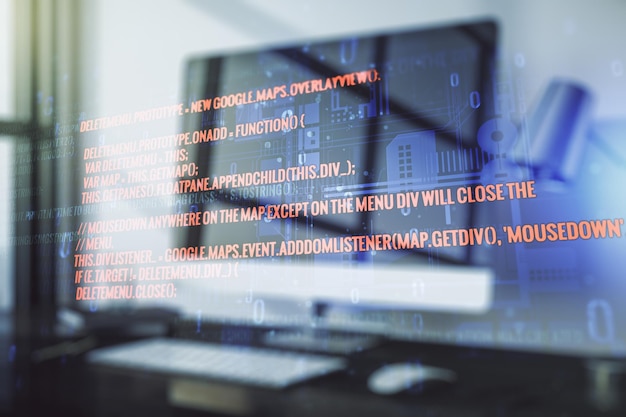 double exposure of abstract creative programming illustration on computer background big data and blockchain concept