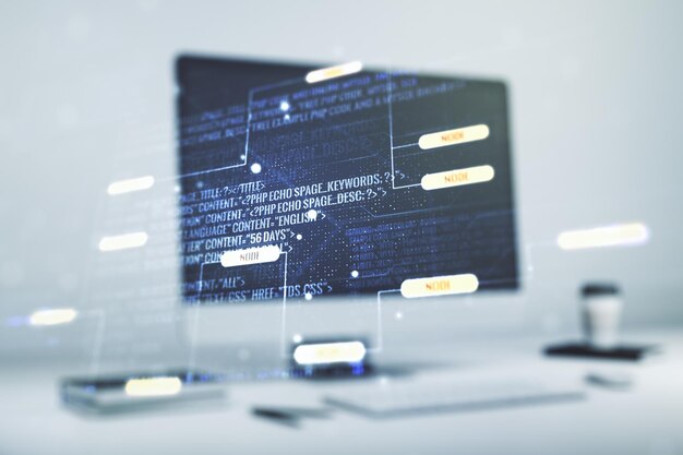Double exposure of abstract creative programming illustration on computer background big data and blockchain concept