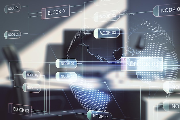 double exposure of abstract creative programming illustration with world map and modern desk with computer on background big data and blockchain concept
