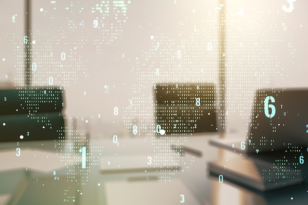 Double exposure of abstract creative programming illustration with world map and modern desk with computer on background big data and blockchain concept