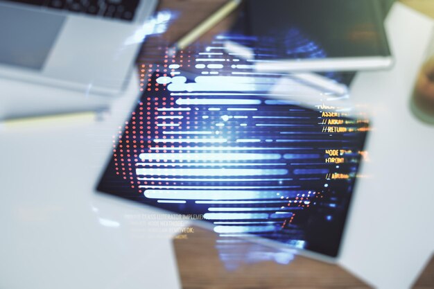 double exposure of abstract creative programming illustration with world map and modern digital tablet on background big data and blockchain concept