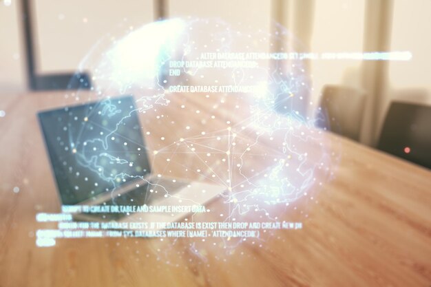 Double exposure of abstract creative programming illustration with world map on computer background big data and blockchain concept