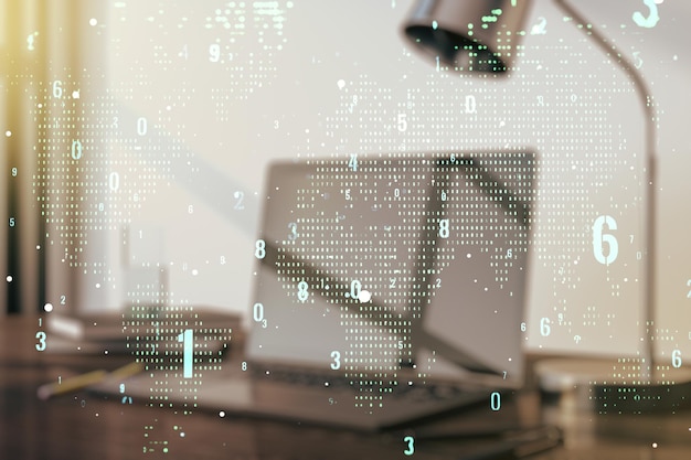 Double exposure of abstract creative programming illustration with world map on computer background big data and blockchain concept