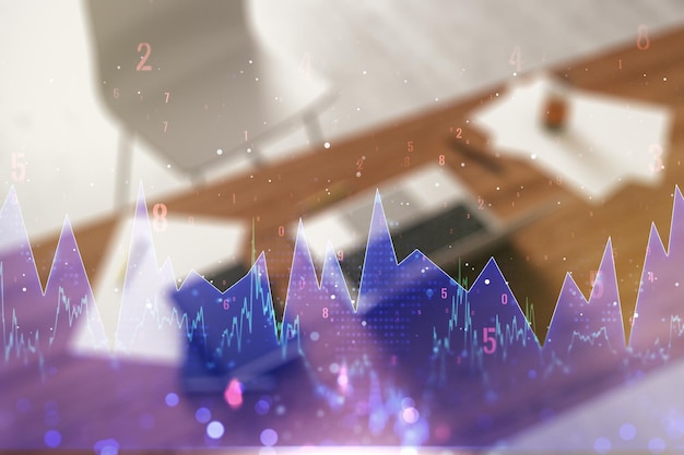 Double exposure of abstract creative statistics data hologram and modern desk with computer on background analytics and forecasting concept