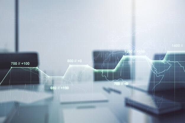 Double exposure of abstract creative statistics data hologram and modern desk with computer on background analytics and forecasting concept