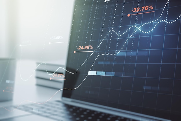 double exposure of abstract creative statistics data hologram on computer background analytics and forecasting concept