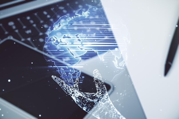 Double exposure of abstract digital world map on computer background big data and blockchain concept