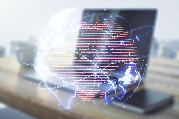 Double exposure of abstract digital world map with connections and modern desk with computer on background big data and blockchain concept