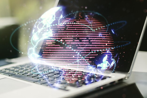 Double exposure of abstract digital world map with connections on computer background big data and blockchain concept