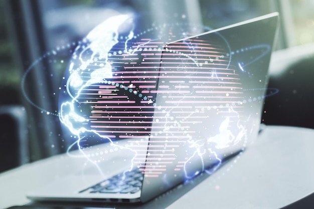 Double exposure of abstract digital world map with connections on computer background big data and blockchain concept