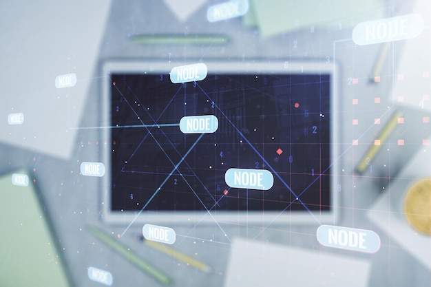 Double exposure of abstract programming language hologram and digital tablet on background top view research and development concept