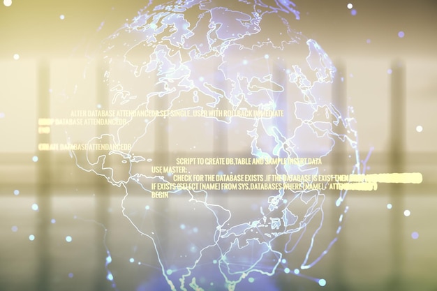 double exposure of abstract programming language hologram and world map on empty modern office background research and development concept