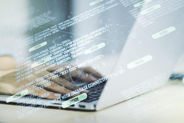 Double exposure of abstract programming language hologram with hands typing on laptop on background research and development concept