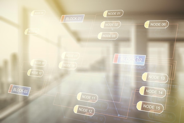 Double exposure of abstract programming language interface on empty modern office background research and development concept