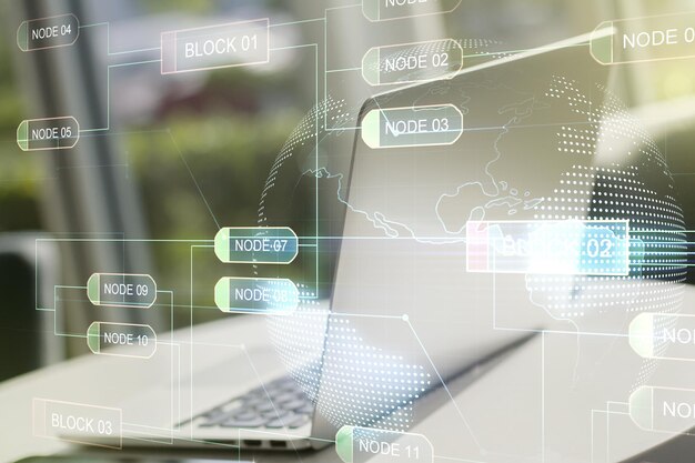 double exposure of abstract programming language with world map on laptop background research and development concept