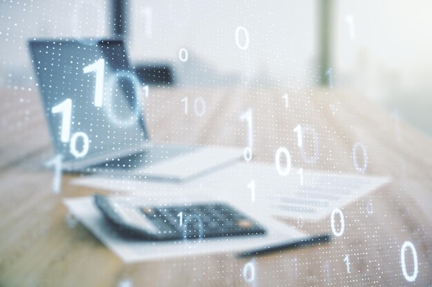 Double exposure of abstract virtual binary code hologram on blurry calculator with laptop background Database and programming concept