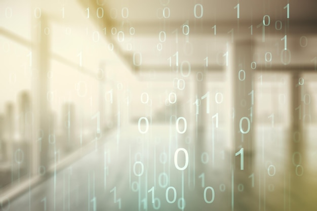 Double exposure of abstract virtual binary code hologram on empty modern office background Database and programming concept