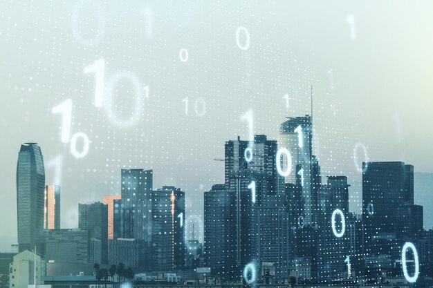 Double exposure of abstract virtual binary code hologram on Los Angeles city skyscrapers background Database and programming concept