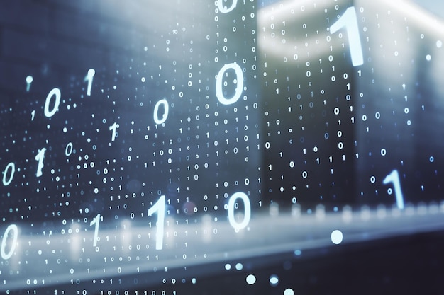 double exposure of abstract virtual binary code hologram on modern business center exterior background database and programming concept