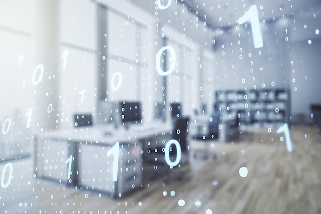 double exposure of abstract virtual binary code hologram on modern corporate office background database and programming concept