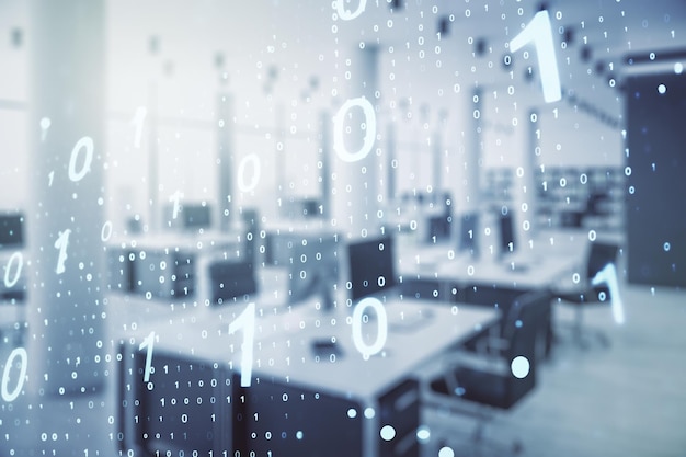 double exposure of abstract virtual binary code hologram on modern corporate office background database and programming concept