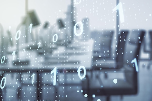 Double exposure of abstract virtual binary code hologram on modern corporate office background Database and programming concept