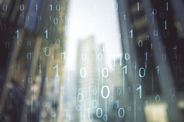Double exposure of abstract virtual binary code hologram on modern skyscrapers background Database and programming concept