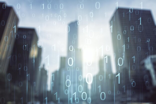 Double exposure of abstract virtual binary code hologram on modern skyscrapers background Database and programming concept
