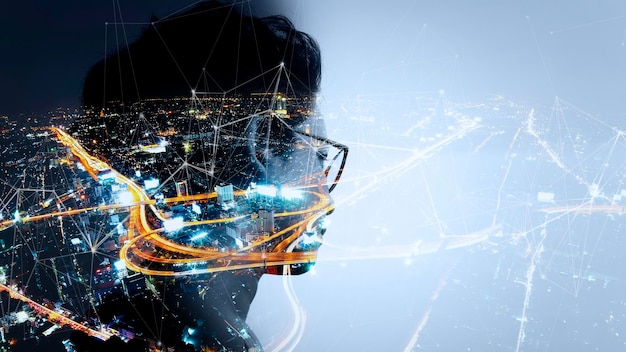 Double exposure of Asian woman silhouette and modern renewable city skyline backgroundEnergy