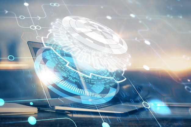 Double exposure of computer and technology theme hologram Concept of freelance work