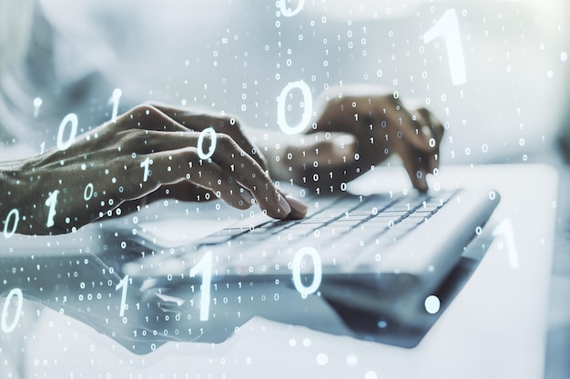 Double exposure of creative abstract binary code hologram and hands typing on laptop on background Database and programming concept