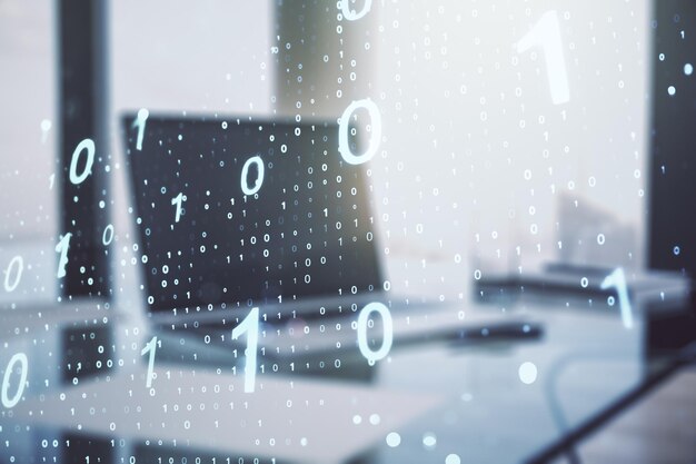 double exposure of creative abstract binary code hologram on laptop background database and programming concept