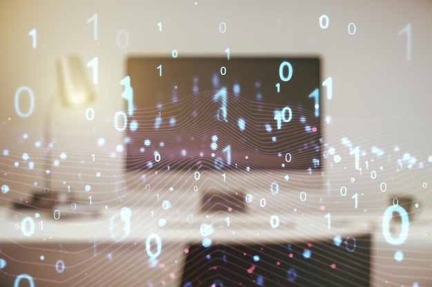 Double exposure of creative abstract binary code hologram on laptop background Database and programming concept