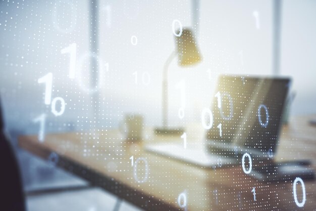 Double exposure of creative abstract binary code hologram on laptop background Database and programming concept