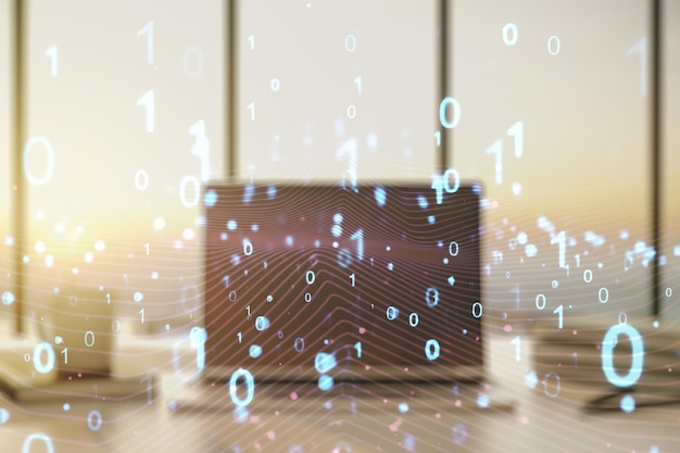 double exposure of creative abstract binary code hologram on laptop background database and programming concept