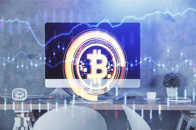 Double exposure of crypto technology theme drawing and office interior background Concept of blockchain