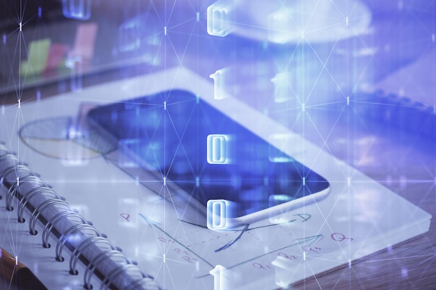 double exposure of data theme drawing and mobile phone background concept of innovation