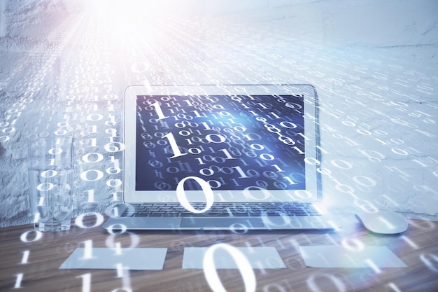 Double exposure of desktop with personal computer on background and tech theme drawing Concept of Bigdata