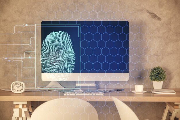 Double exposure of finger print and office interior background Concept of security