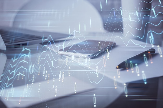 double exposure of forex graph drawing and cell phone background concept of financial data analysis