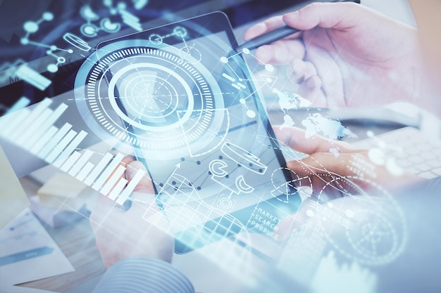 double exposure of mans hands holding and using a phone and international business theme drawing