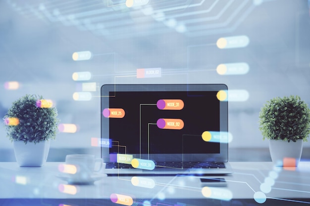 Double exposure of table with computer on background and data theme drawing Concept of innovation