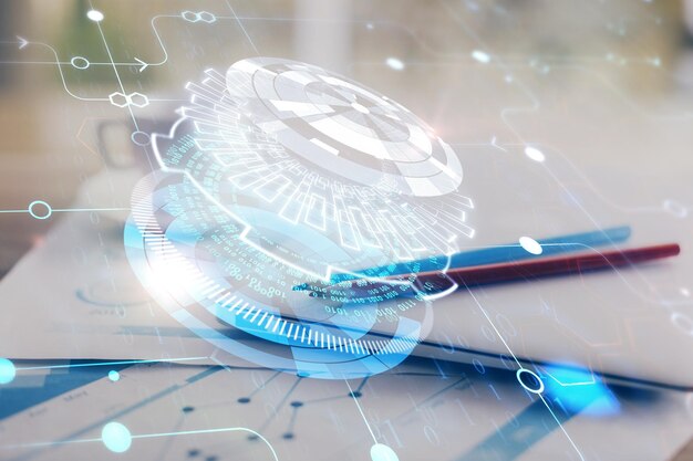 Double exposure of table with computer on background and data theme hologram Data technology concept