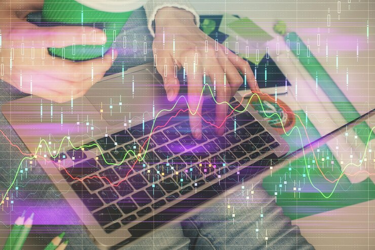Photo double exposure of woman hands typing on computer and forex chart hologram drawing stock market invest concept