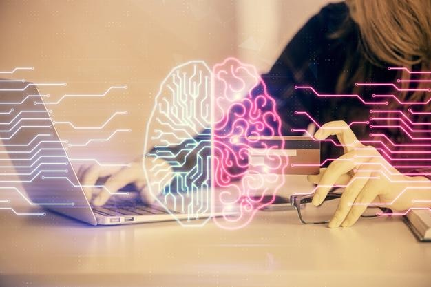 Double exposure of woman online shopping holding a credit card and brain hologram drawing Data Ecommerce concept